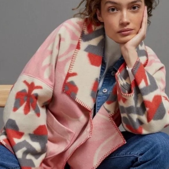 Anthropologie Heidi Kimono Jacket Soft Wool Front Patch Pockets Pink Ivory Motif - Picture 2 of 10